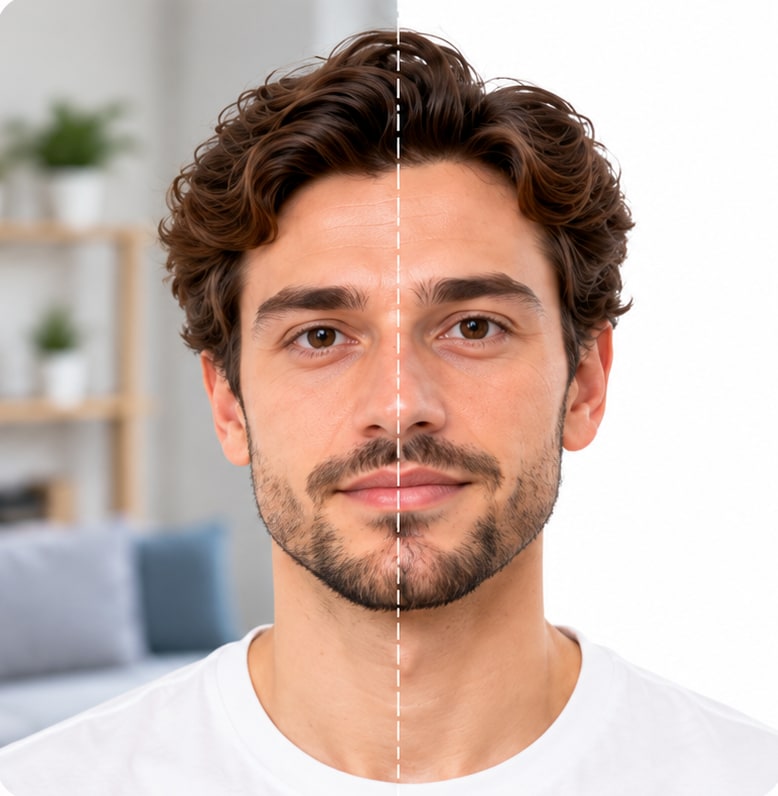 The same man before and after: half in his living room, half on a plain white passport photo background