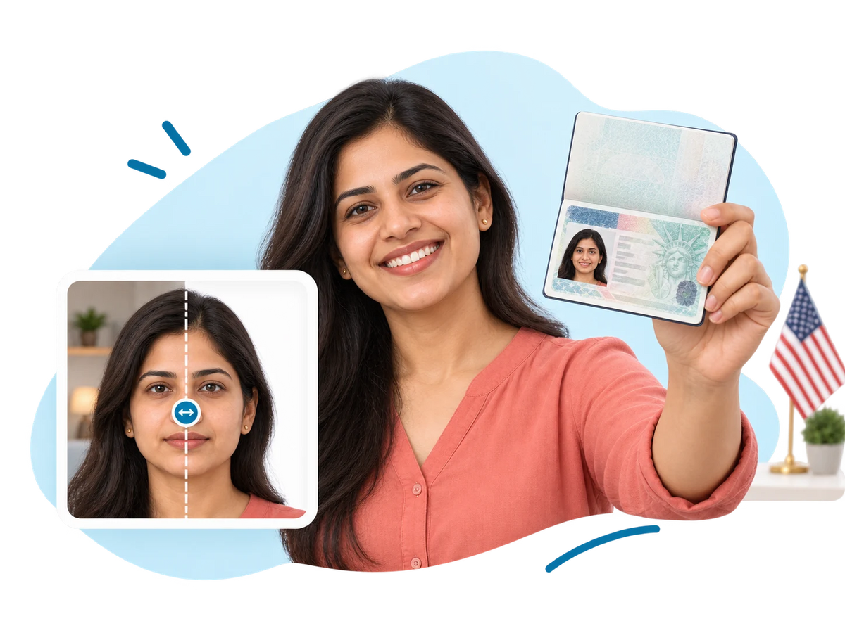 A smiling woman holding up her passport open at a US visa, beside a before and after of her photo and a US flag