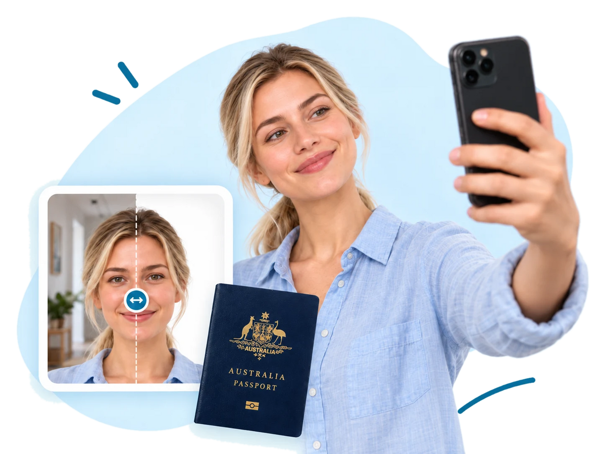 A woman taking a selfie on her phone, beside a before and after of her visa photo and an Australian passport