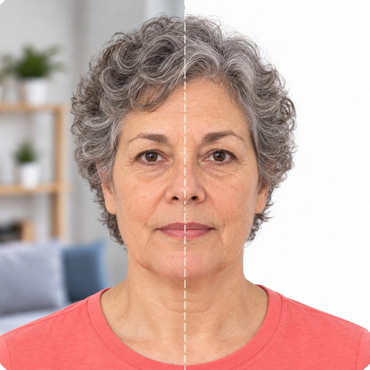 The same woman before and after: half in her living room, half on a plain white photo background