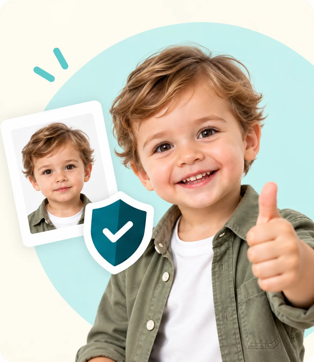 A toddler giving a thumbs up beside his finished passport photo and a shield
