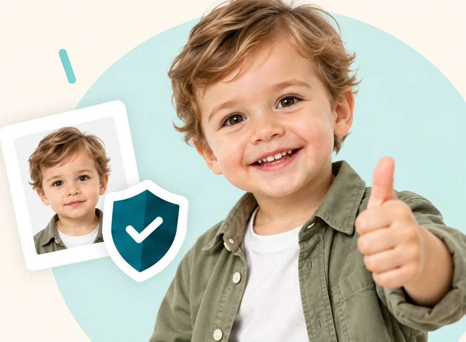 A toddler giving a thumbs up beside his finished passport photo and a shield