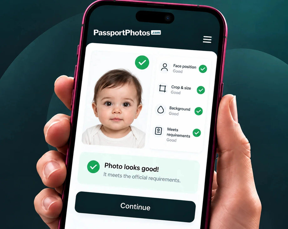 A hand holding a phone showing a baby's passport photo passing every check