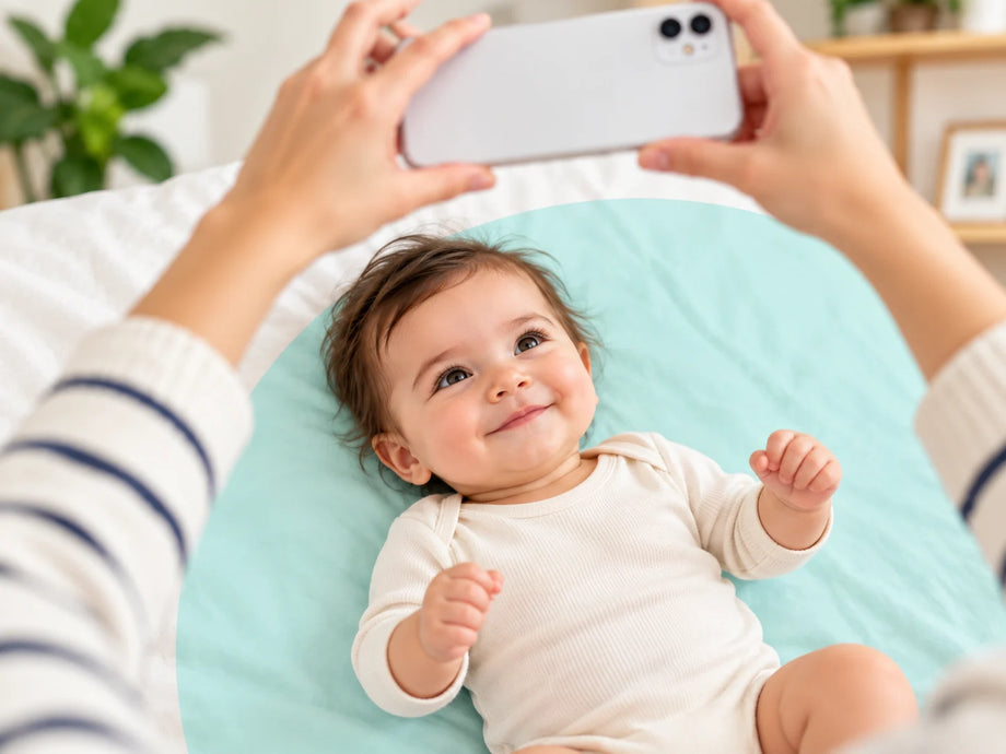 A smiling baby on a bed at home while her mother takes her photo from above