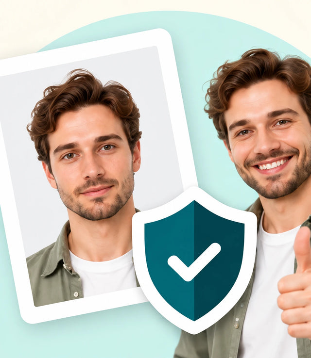 A finished passport photo beside a shield, with a man giving a thumbs up
