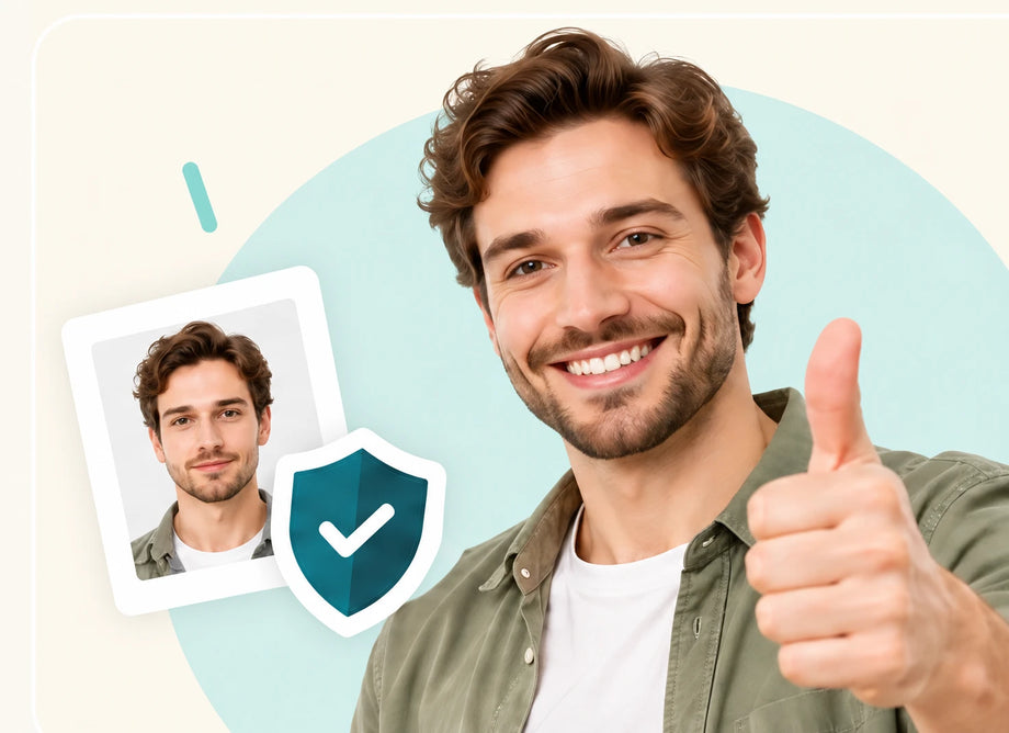 A man giving a thumbs up beside his finished passport photo and a shield