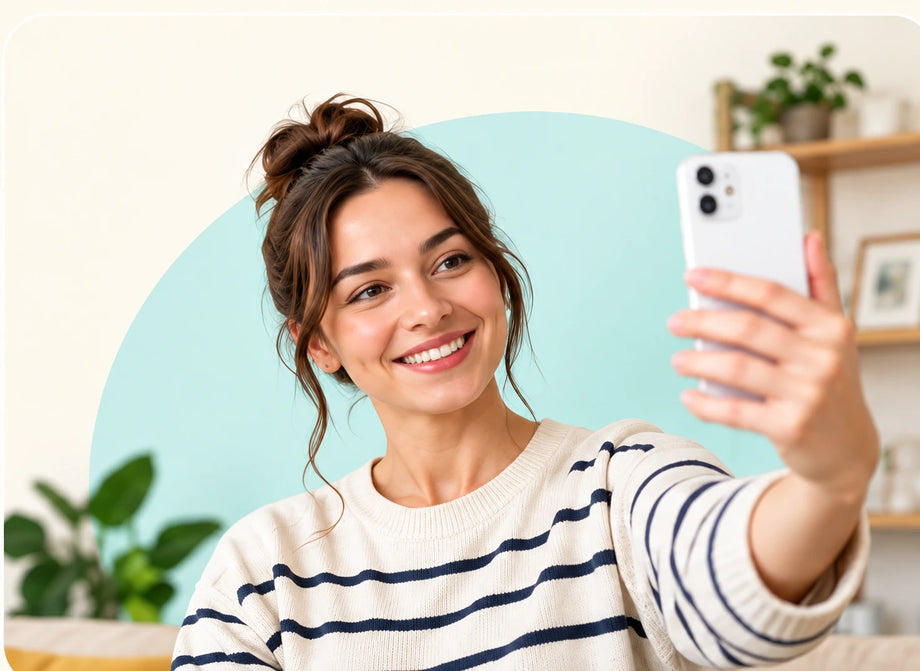 A woman taking a selfie at home in front of a pale teal shape
